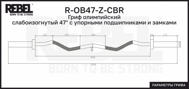 Гриф олимпийский слабоизогнутый 47" REBEL с упорными подшипниками и замками R-OB47-Z-CBR