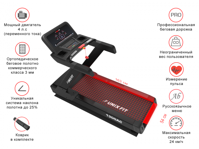 Беговая дорожка профессиональная UNIXFIT T-1300 PRO (LED) AC