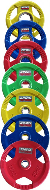 Диски обрезиненные Johns с тройным хватом 50 мм цветные, вес от 1,25 до 25 кг в ассортименте