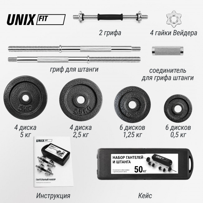 Набор гантелей и штанга UNIX Fit в кейсе 50 кг DBKITU50